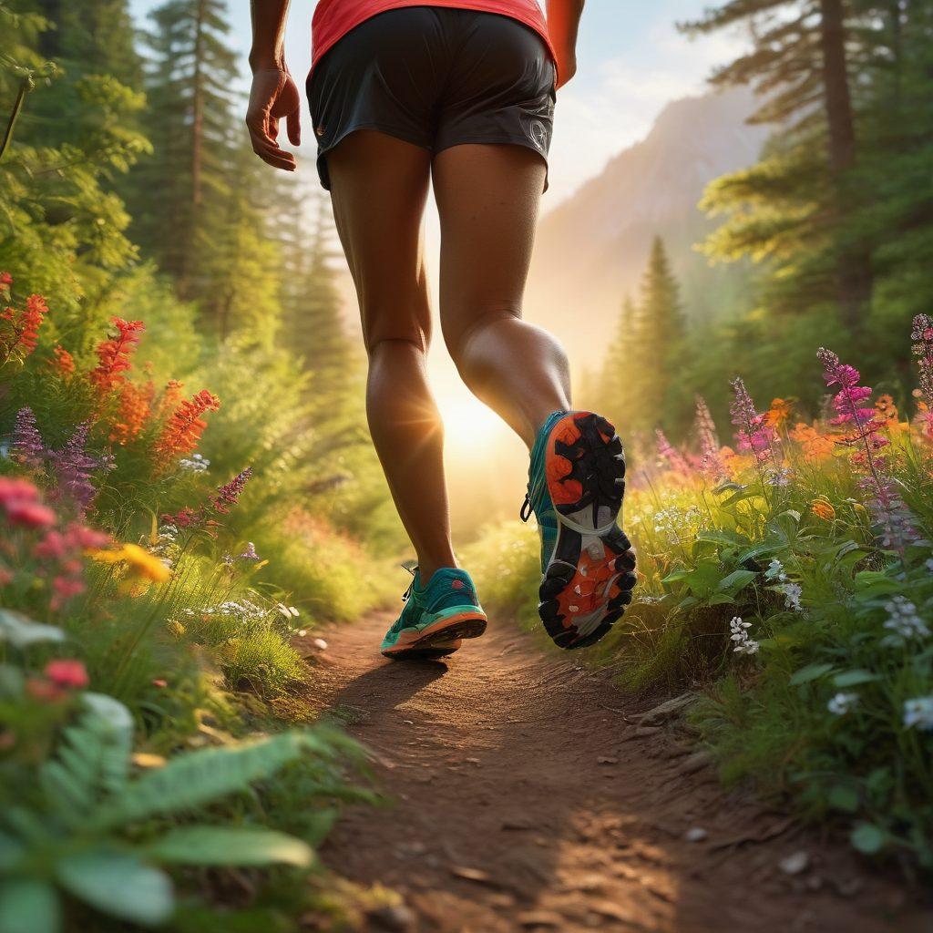 A dynamic scene of a runner in Saucony shoes, blissfully navigating a vibrant forest trail during sunrise. The runner's expression reflects pure joy, surrounded by lush greenery and colorful wildflowers, symbolizing the journey from ecstasy to contentment. Include a soft-focus background of distant mountains and a radiant sky to evoke a sense of freedom and adventure. super-realistic. vibrant colors. nature-focused.