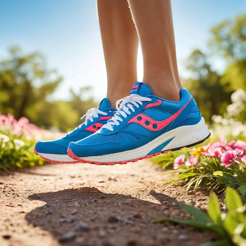 A joyful person running through a sunlit park, wearing vibrant Saucony shoes that pop with color. Surround them with blooming flowers and a bright blue sky, creating a sense of freedom and happiness. Incorporate a soft glow around the shoes to highlight their positive impact on the journey. Focus on capturing movement and joy in the scene. super-realistic. vibrant colors. soft focus.