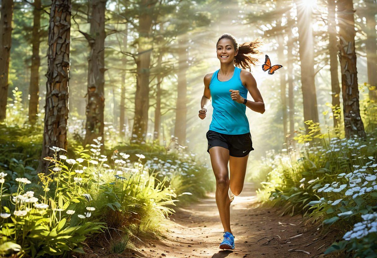 A serene runner in vibrant athletic gear, soaring through a sunlit forest path, with beams of light highlighting their joyful expression. Surrounding them are blooming flowers and butterflies, symbolizing happiness and vitality. The scene conveys movement and freedom, with soft shadows and a peaceful atmosphere. super-realistic. vibrant colors. white background.